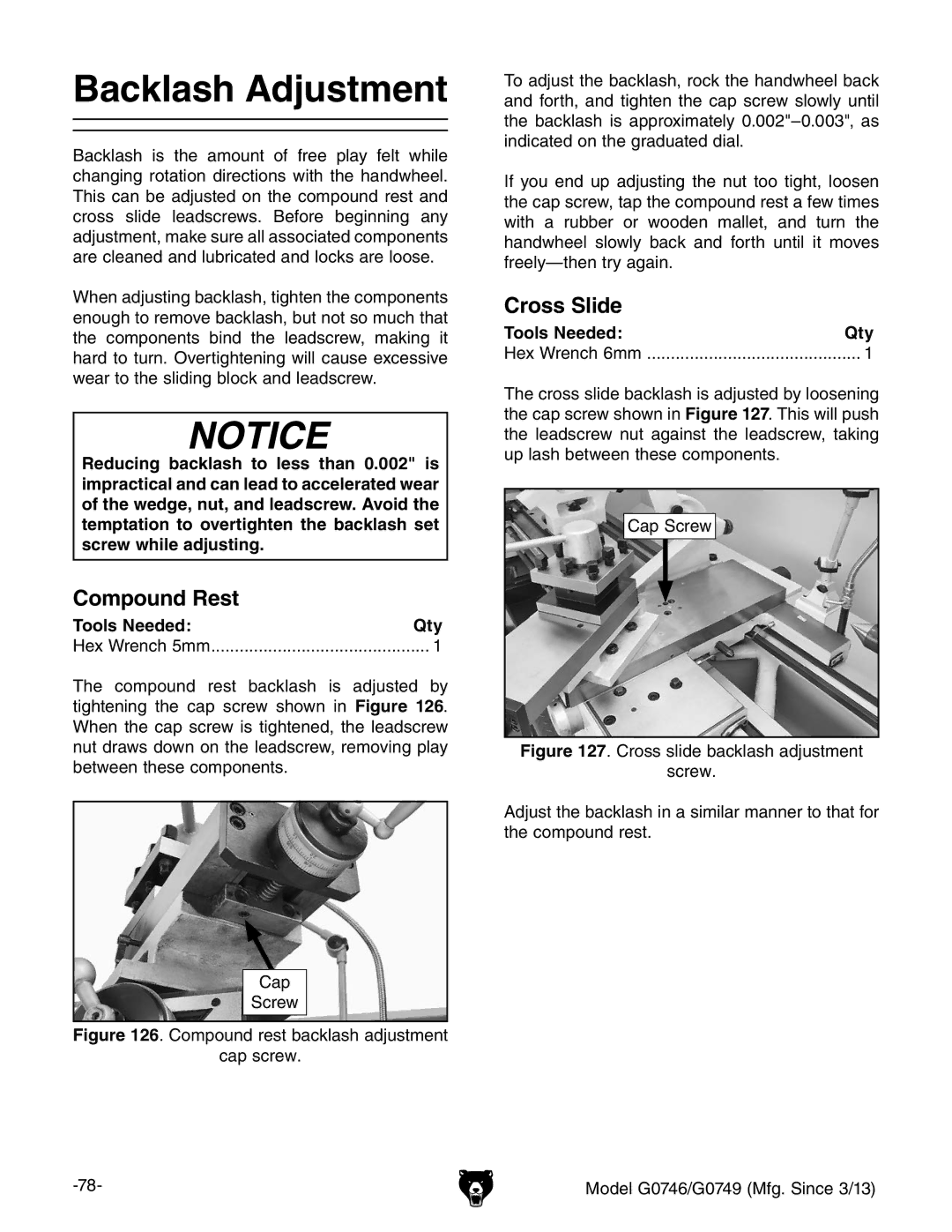 Grizzly g0746, g0749 owner manual Backlash Adjustment, Compound Rest, Cross Slide 