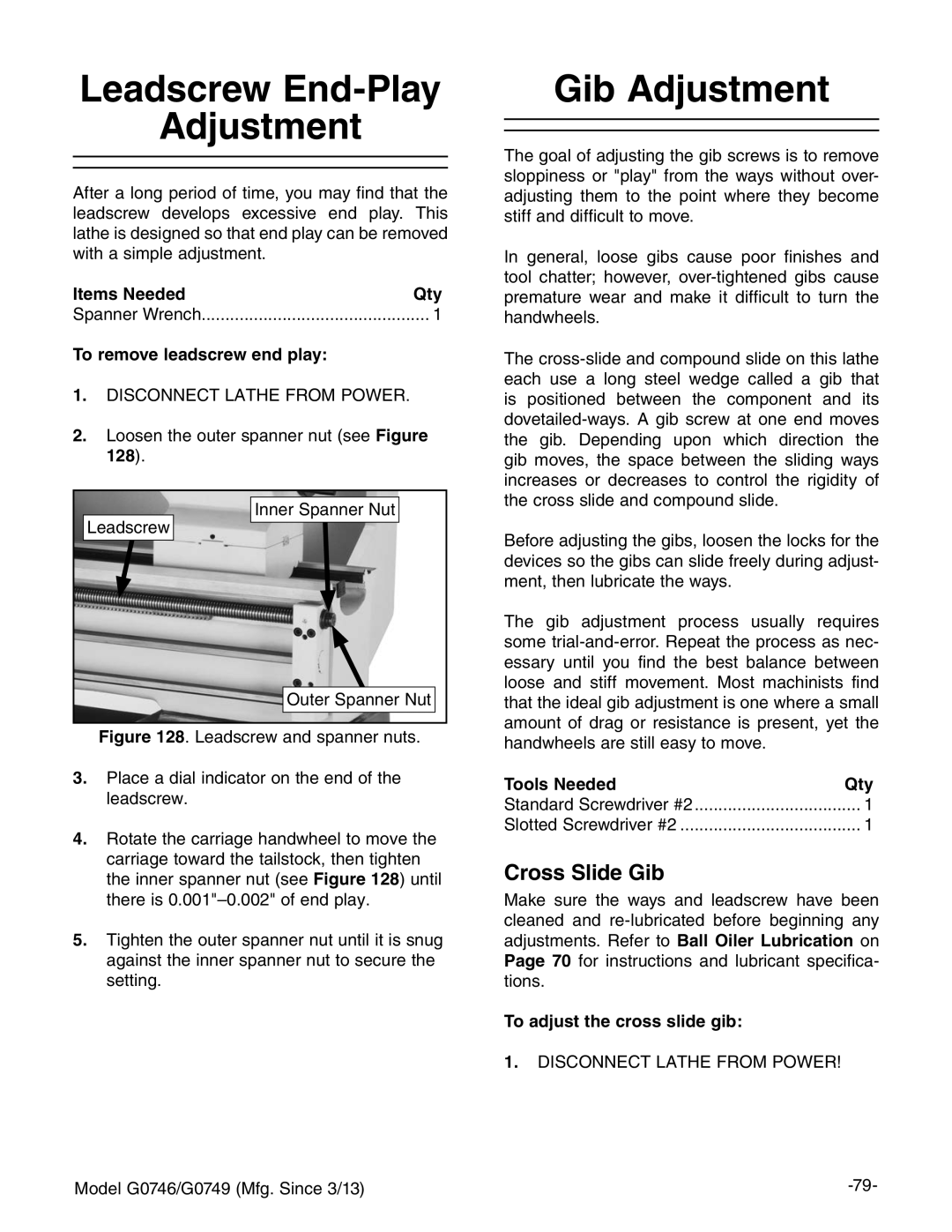 Grizzly g0749, g0746 Leadscrew End-Play Adjustment, Gib Adjustment, Cross Slide Gib, To remove leadscrew end play 