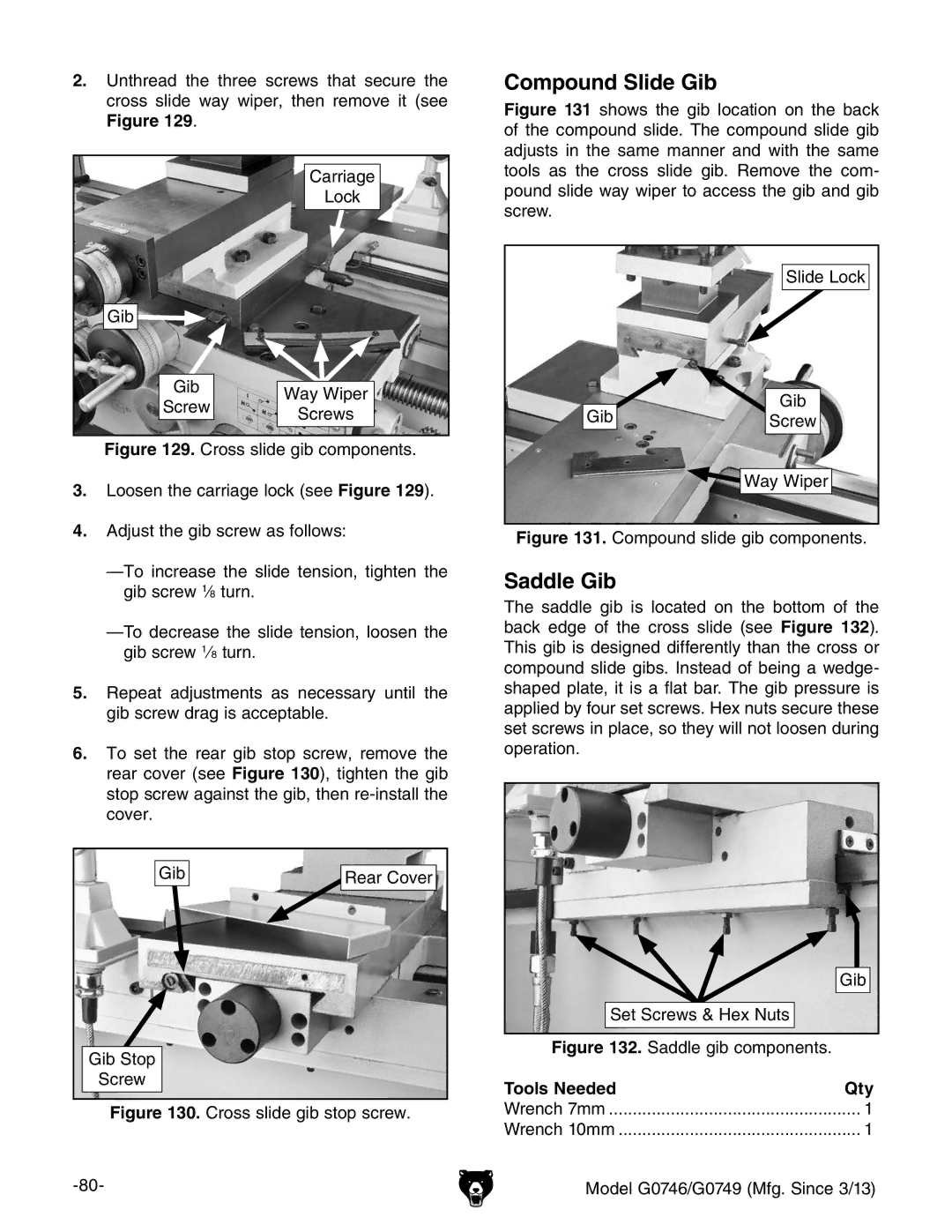 Grizzly g0746, g0749 owner manual Compound Slide Gib, Saddle Gib 