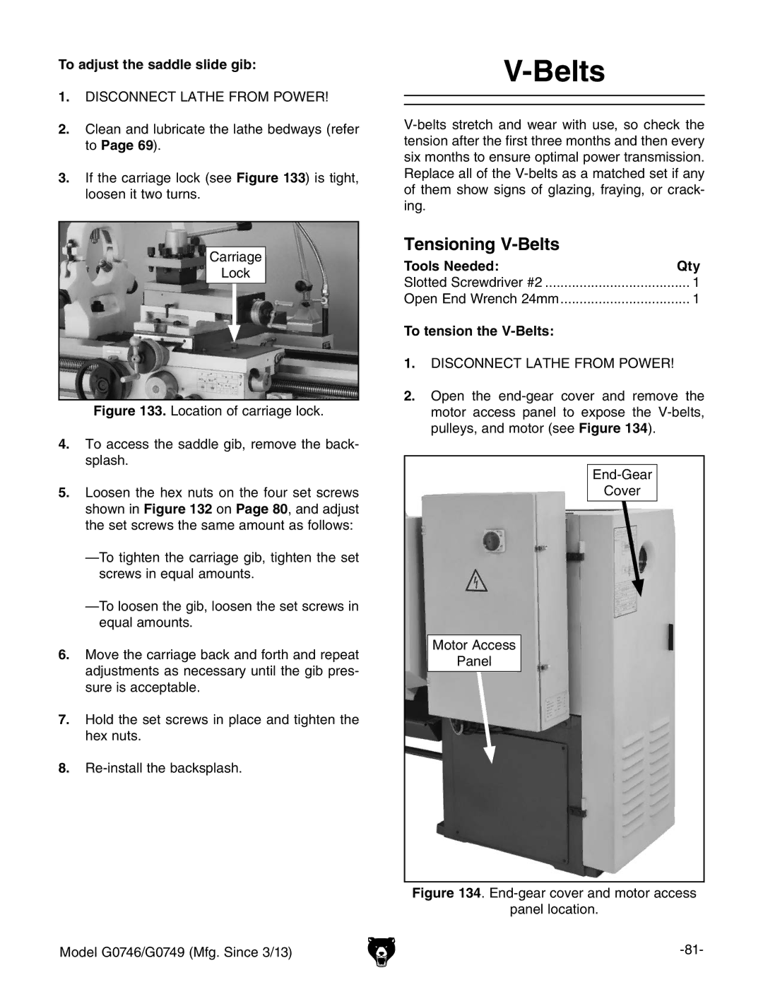 Grizzly g0749, g0746 owner manual Tensioning V-Belts, To adjust the saddle slide gib, To tension the V-Belts 