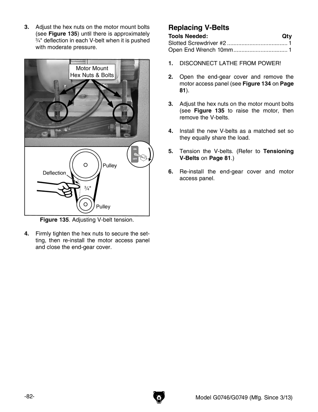 Grizzly g0746, g0749 owner manual Replacing V-Belts 