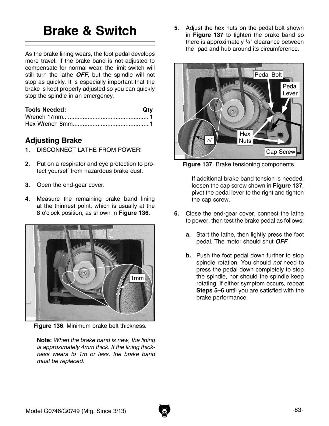 Grizzly g0749, g0746 owner manual Brake & Switch, Adjusting Brake 