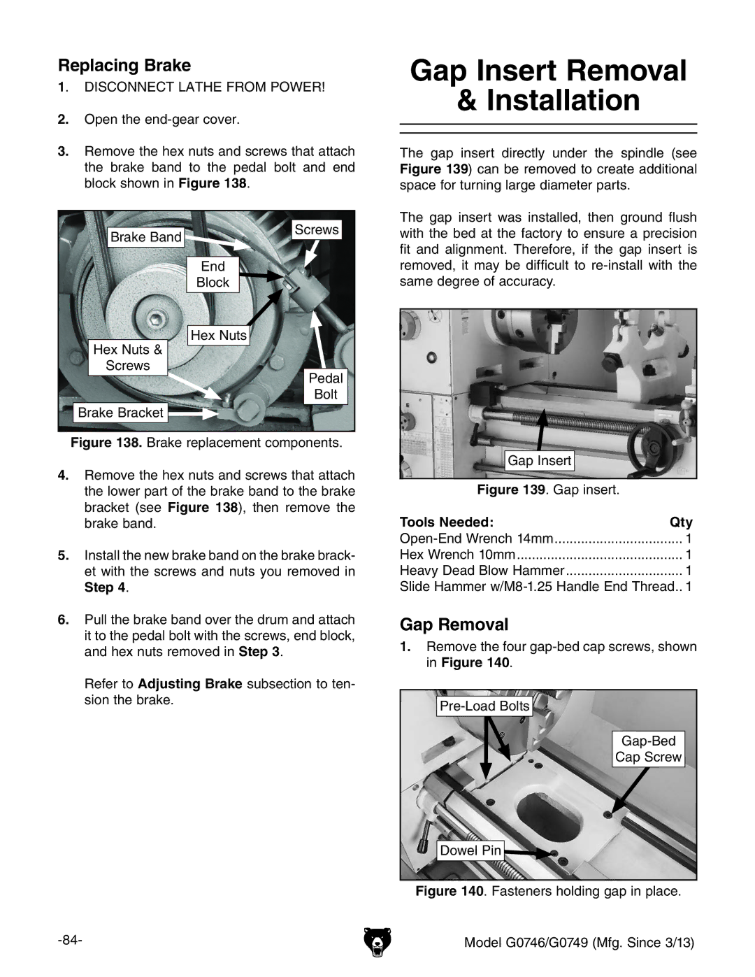 Grizzly g0746, g0749 owner manual Gap Insert Removal Installation, Replacing Brake, Gap Removal 