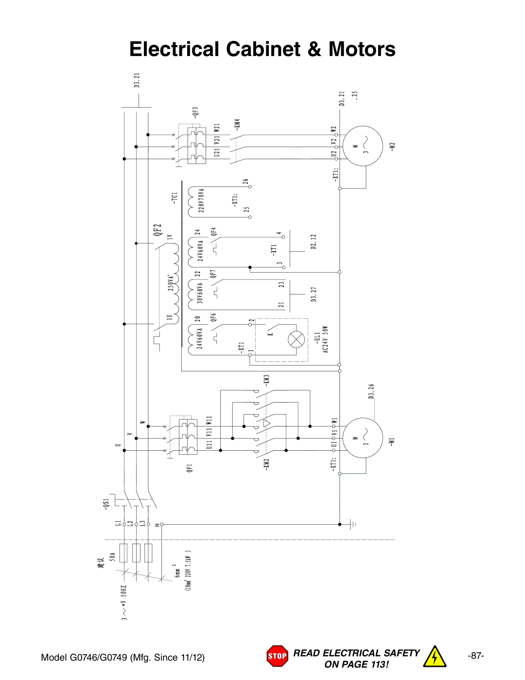 Grizzly g0749, g0746 owner manual Electrical Cabinet & Motors 