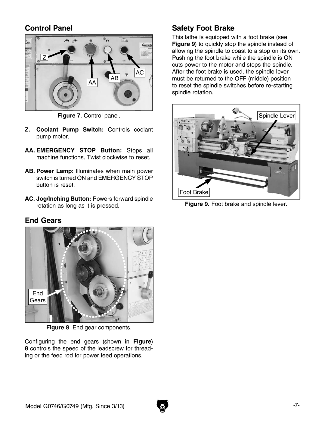 Grizzly g0749, g0746 owner manual Control Panel Safety Foot Brake, End Gears 
