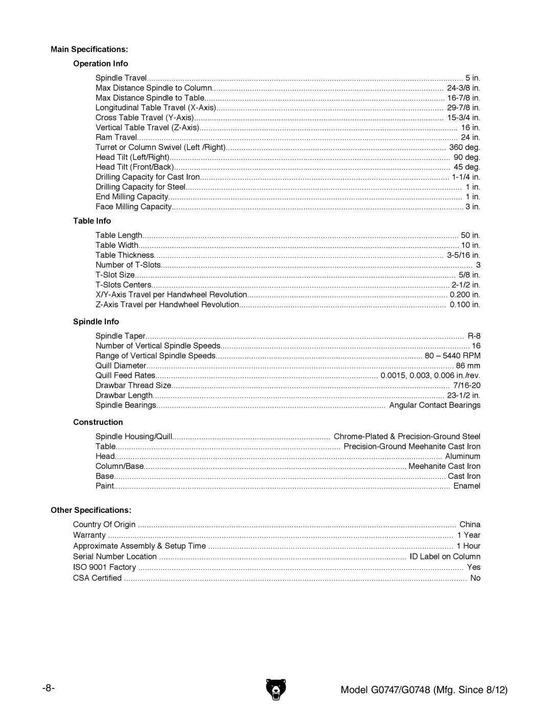 Grizzly G0747 and G0748 owner manual Main Specifications Operation Info 