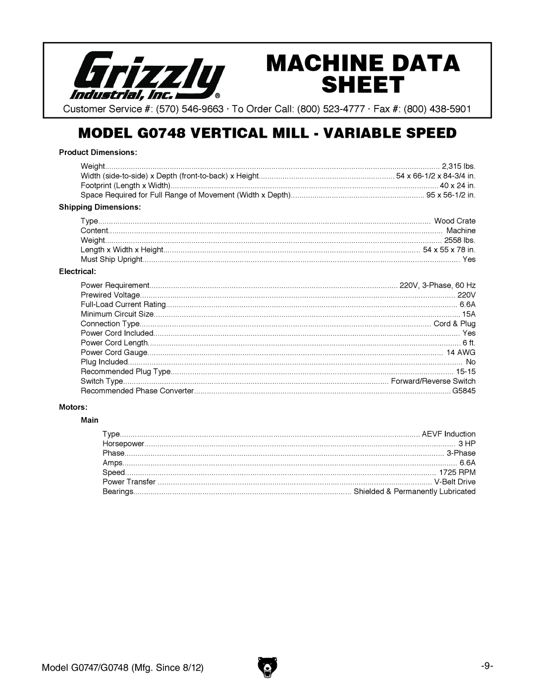 Grizzly G0747 and G0748 owner manual Model G0748 Vertical Mill Variable Speed 