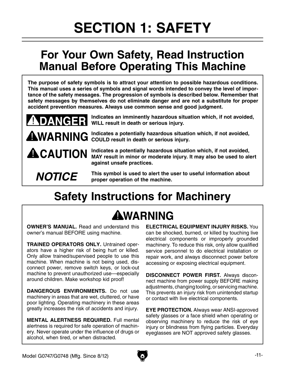 Grizzly G0747 and G0748 owner manual Safety Instructions for Machinery 