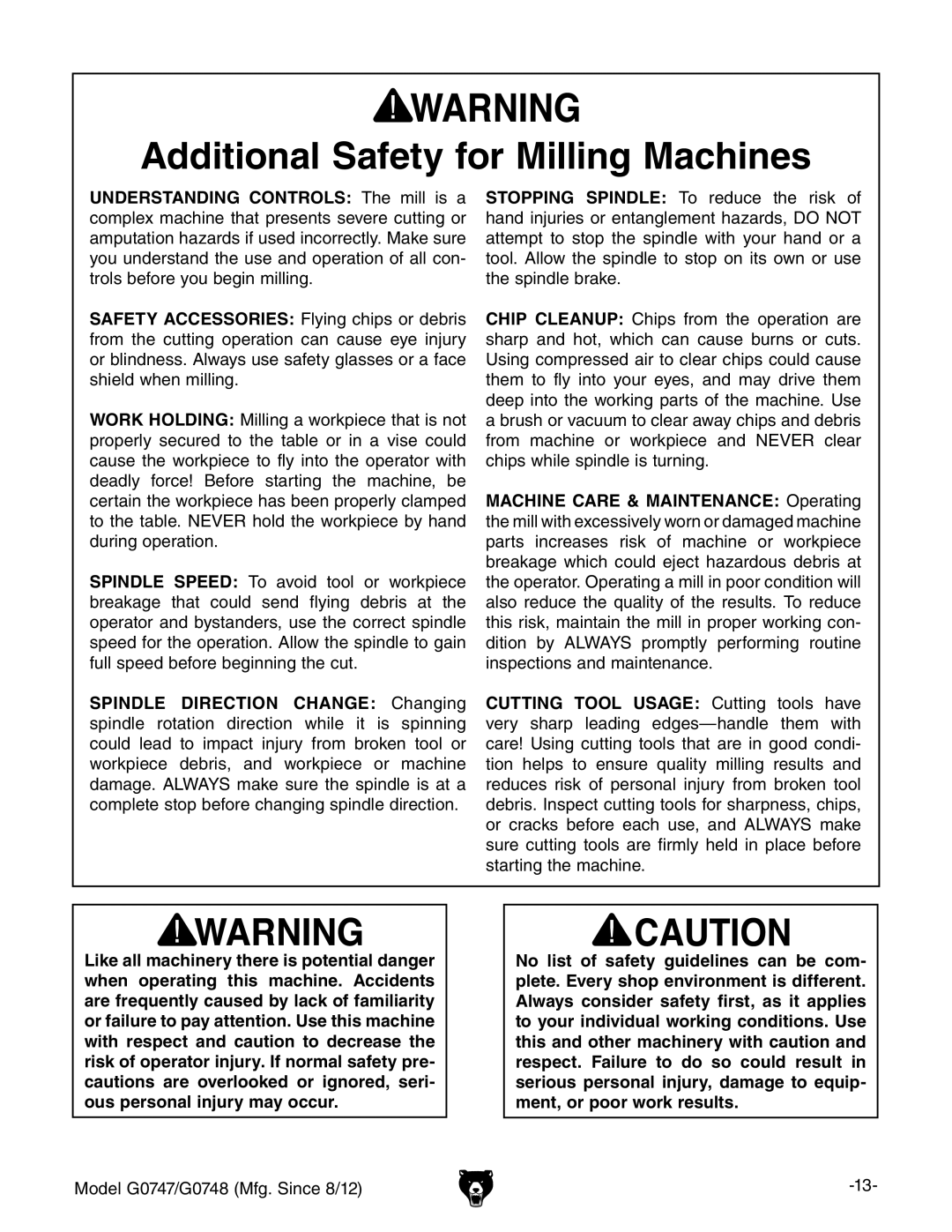 Grizzly G0747 and G0748 owner manual Additional Safety for Milling Machines 