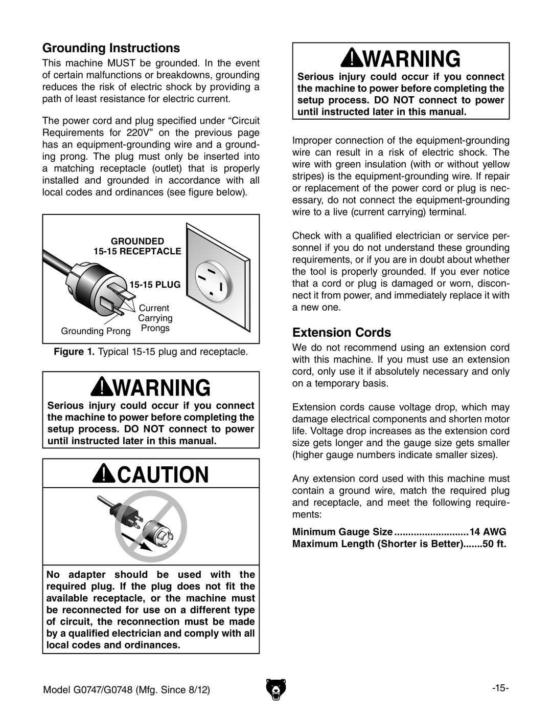 Grizzly G0747 and G0748 owner manual Grounding Instructions, Extension Cords, Minimum Gauge Size 14 AWG, 50 ft 