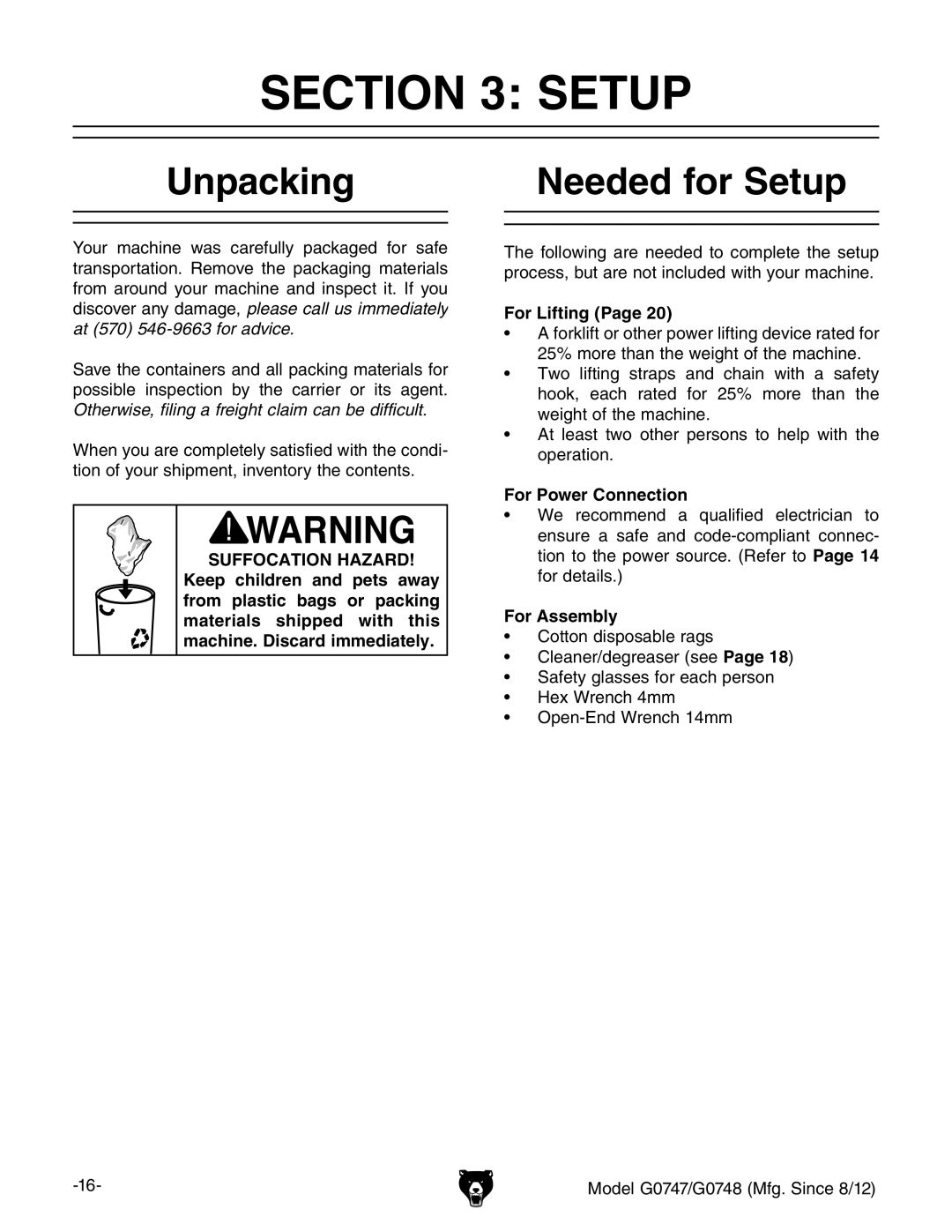 Grizzly G0747 and G0748 owner manual Unpacking, Needed for Setup 