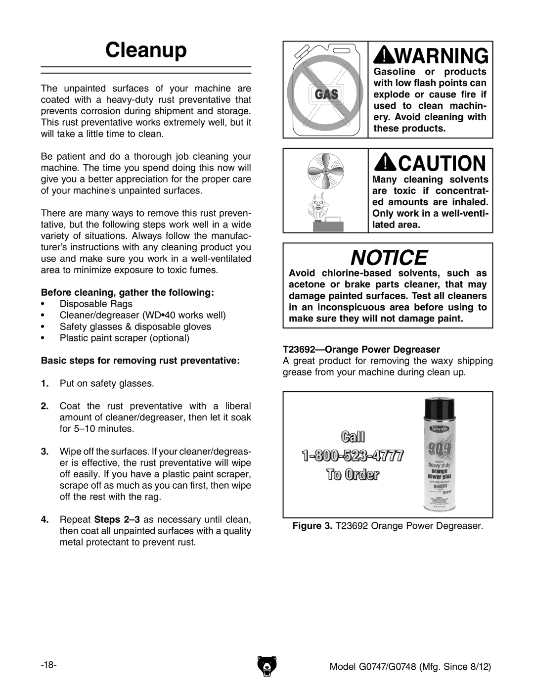 Grizzly G0747 and G0748 Cleanup, Before cleaning, gather the following, Basic steps for removing rust preventative 