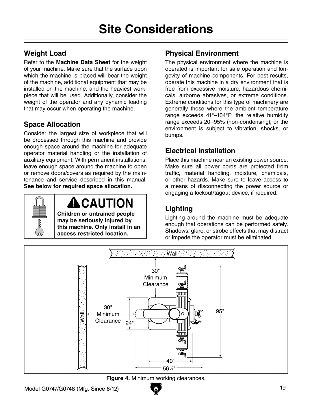 Grizzly G0747 and G0748 owner manual Site Considerations 