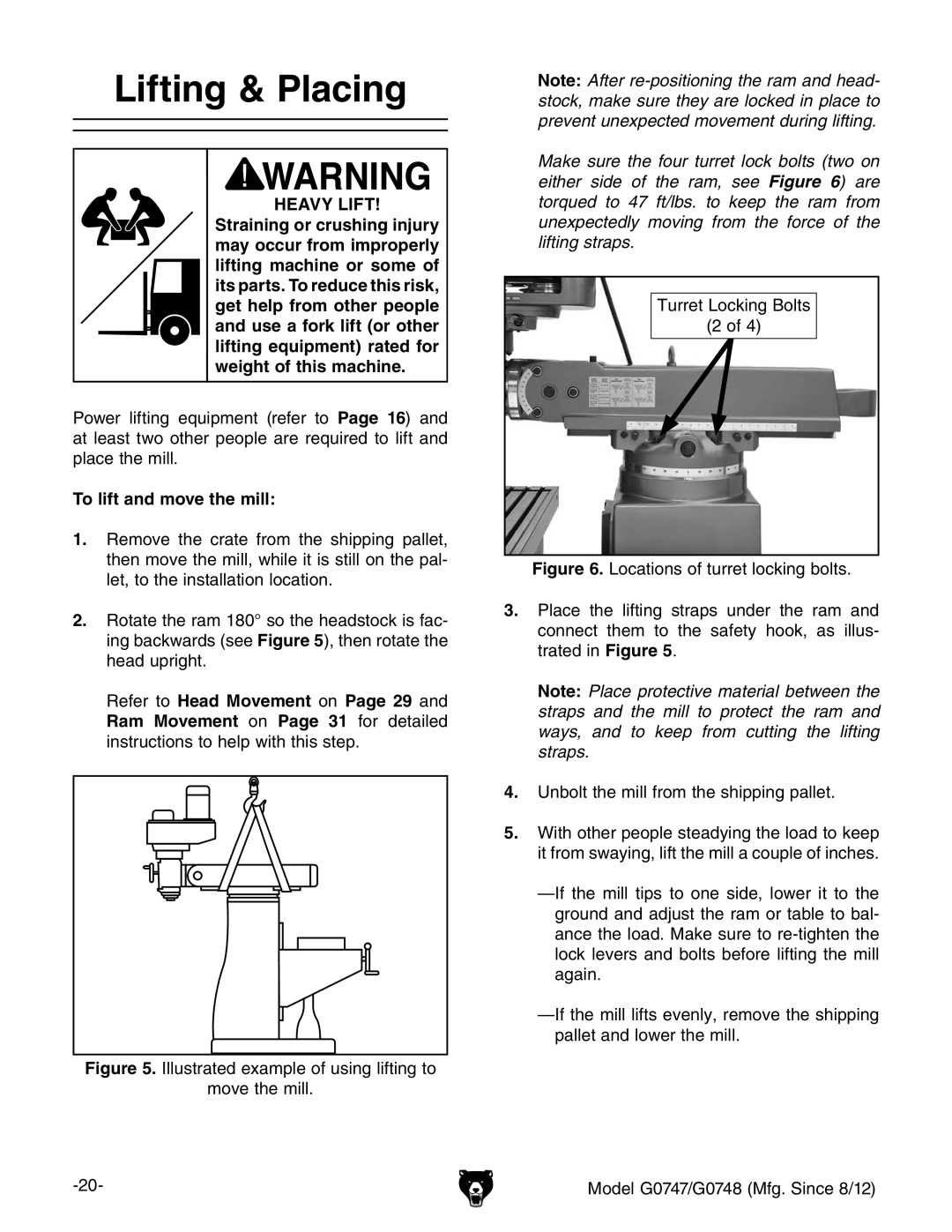 Grizzly G0747 and G0748 owner manual Lifting & Placing, HEAVy Lift, To lift and move the mill 