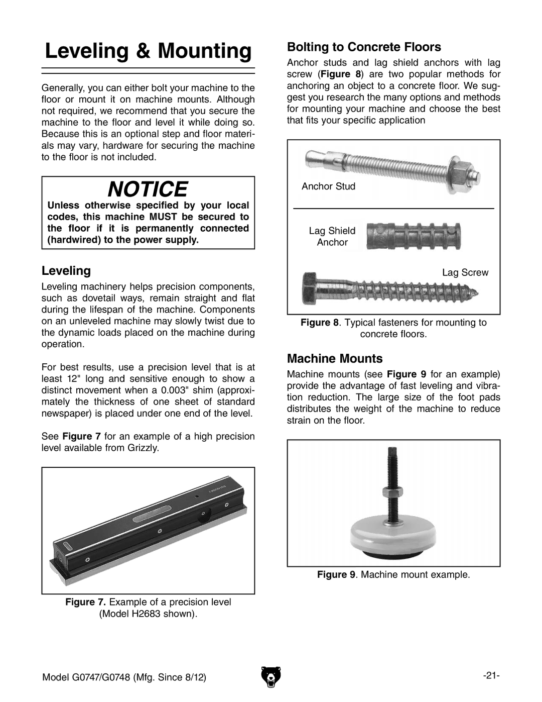 Grizzly G0747 and G0748 owner manual Leveling & Mounting, Bolting to Concrete Floors, Machine Mounts 