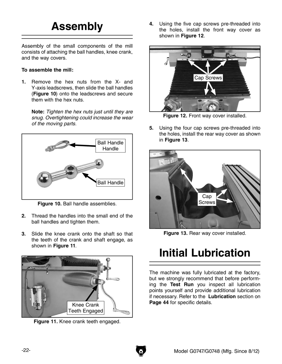 Grizzly G0747 and G0748 owner manual Assembly, Initial Lubrication, To assemble the mill 