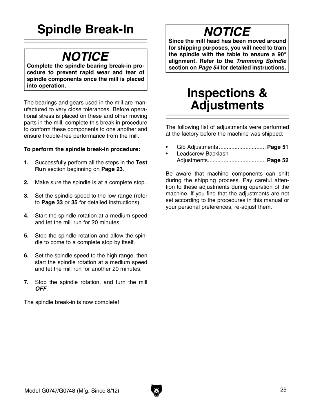 Grizzly G0747 and G0748 owner manual Spindle Break-In, Inspections Adjustments, To perform the spindle break-in procedure 