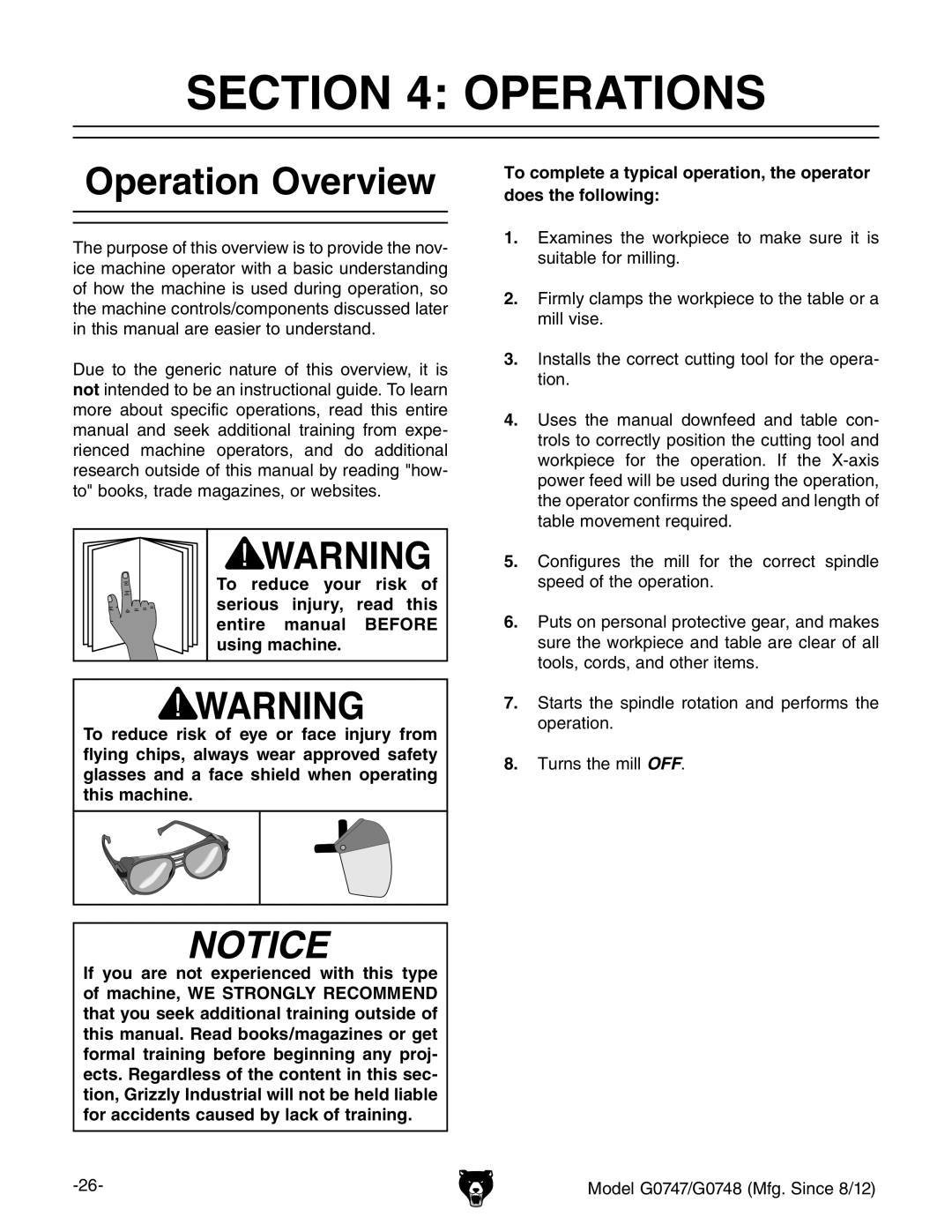 Grizzly G0747 and G0748 owner manual Operations, Operation Overview 