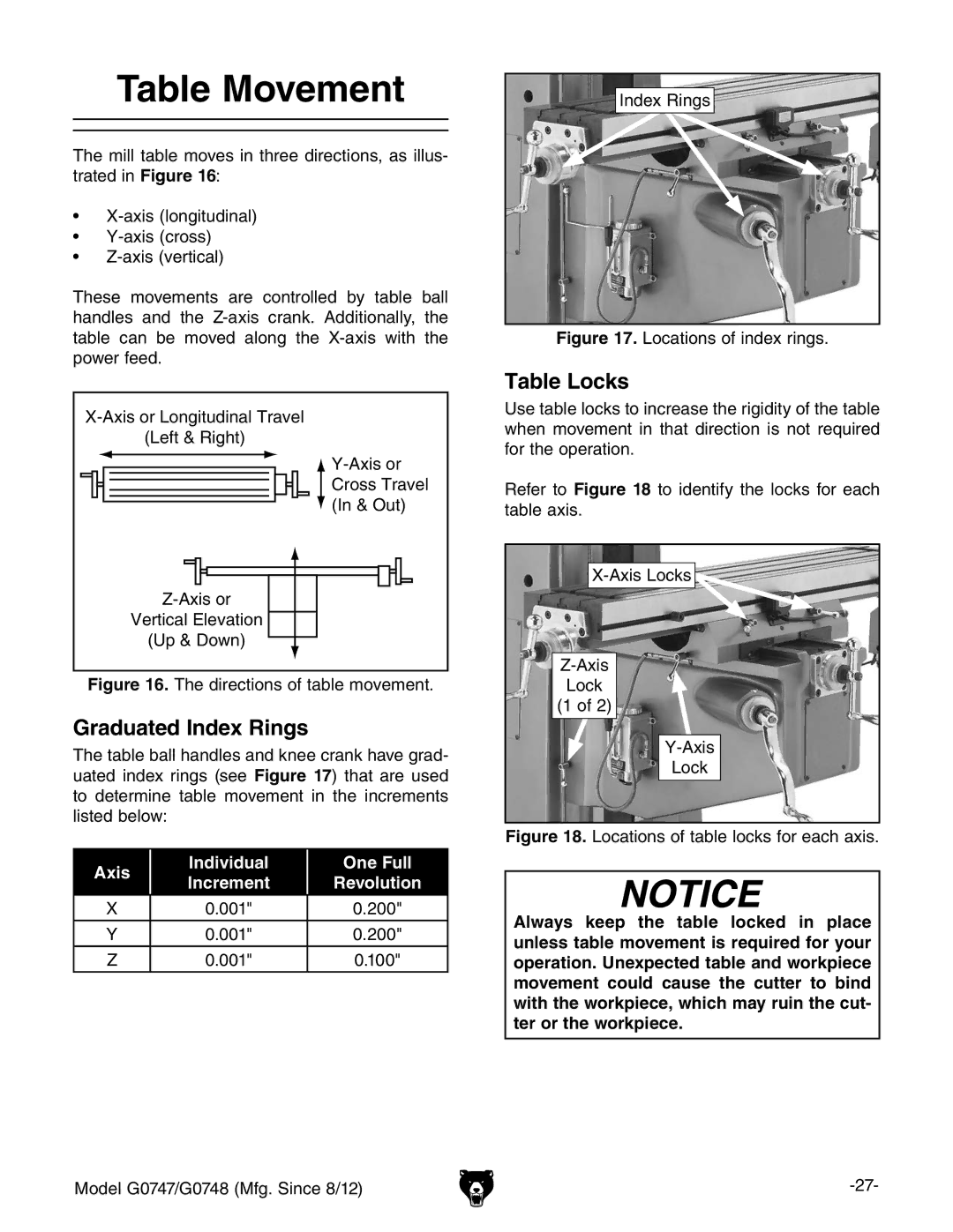 Grizzly G0747 and G0748 owner manual Table Movement, Graduated Index Rings, Table Locks 