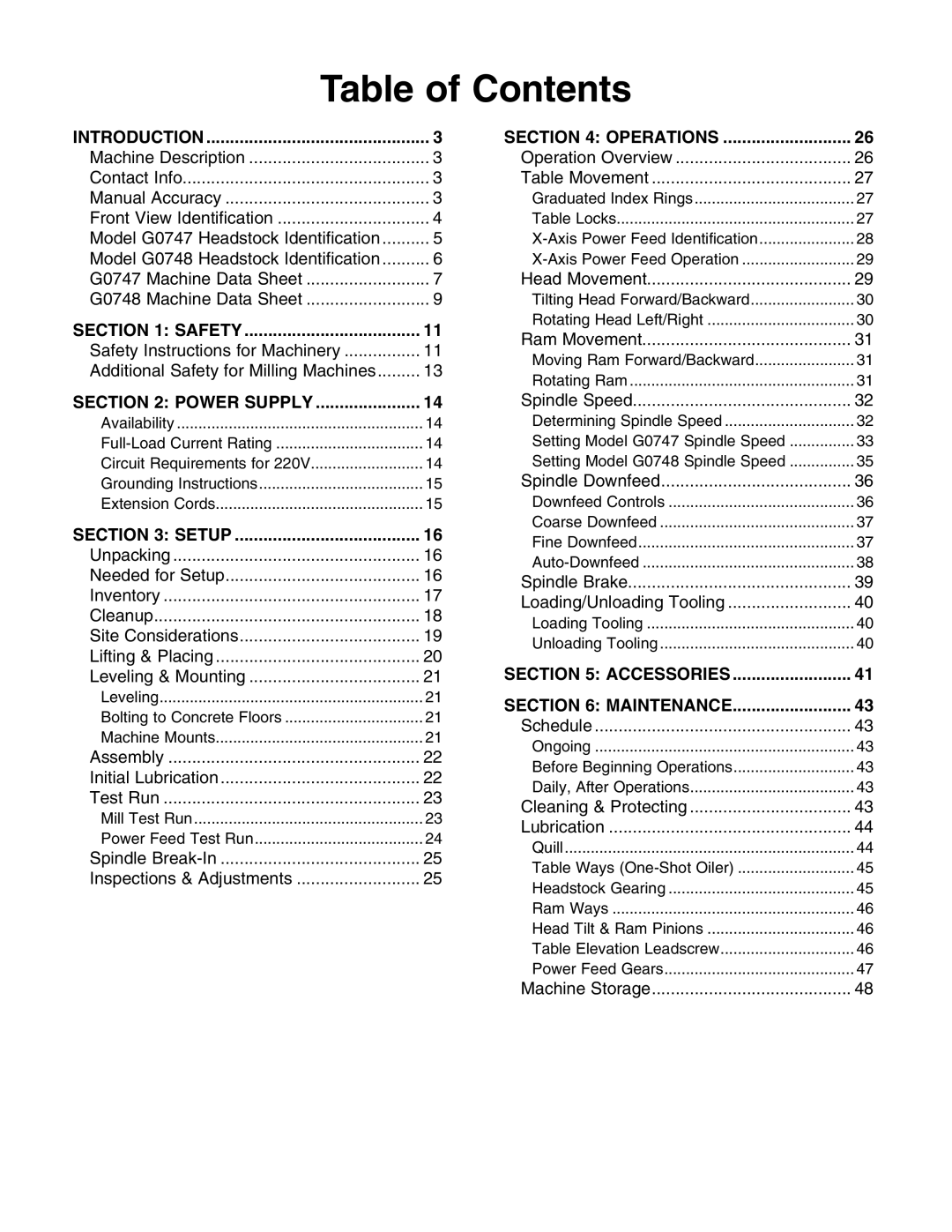 Grizzly G0747 and G0748 owner manual Table of Contents 