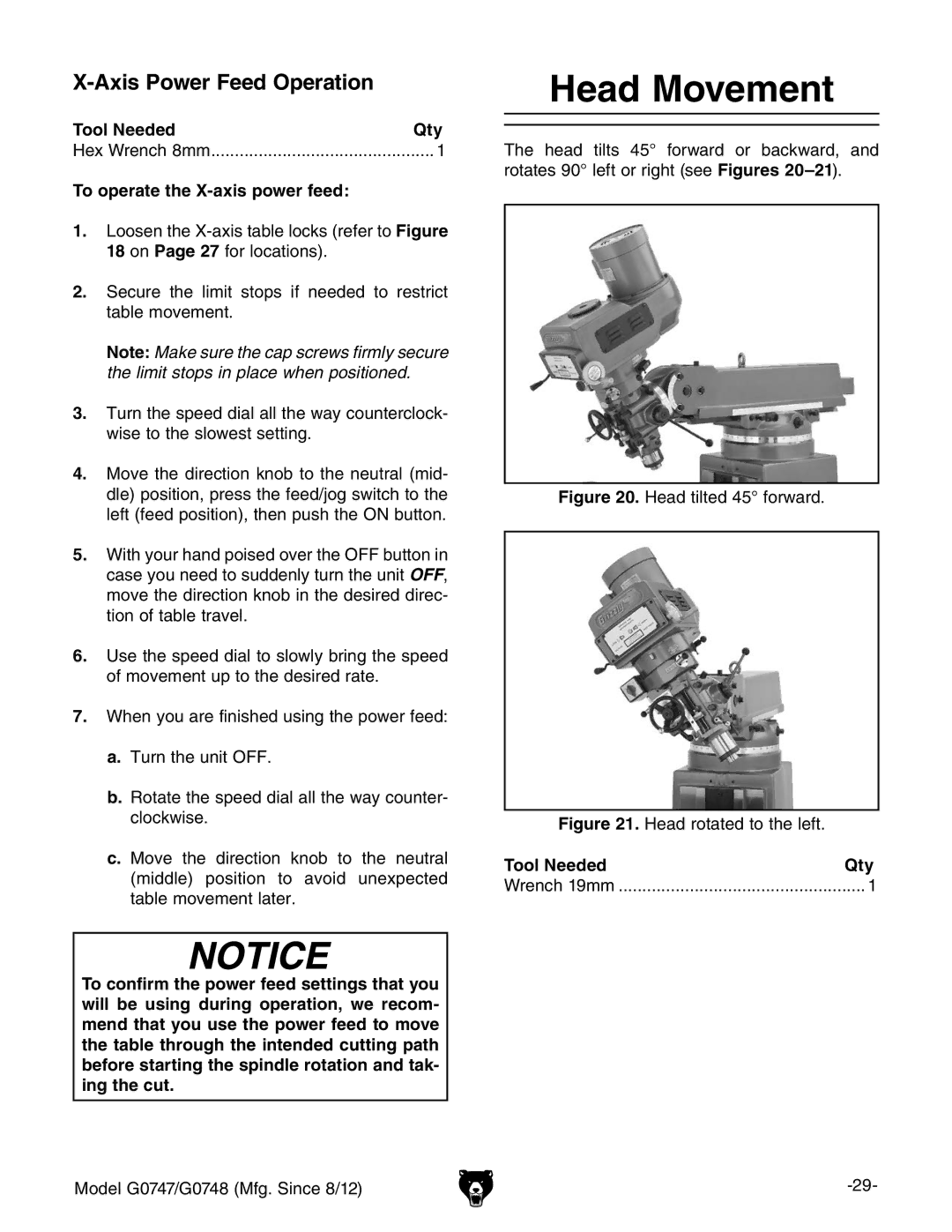 Grizzly G0747 and G0748 Head Movement, Axis Power Feed Operation, Tool Needed Qty, To operate the X-axis power feed 