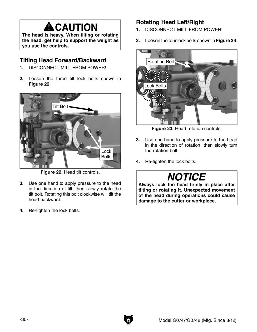 Grizzly G0747 and G0748 owner manual Tilting Head Forward/Backward, Rotating Head Left/Right 