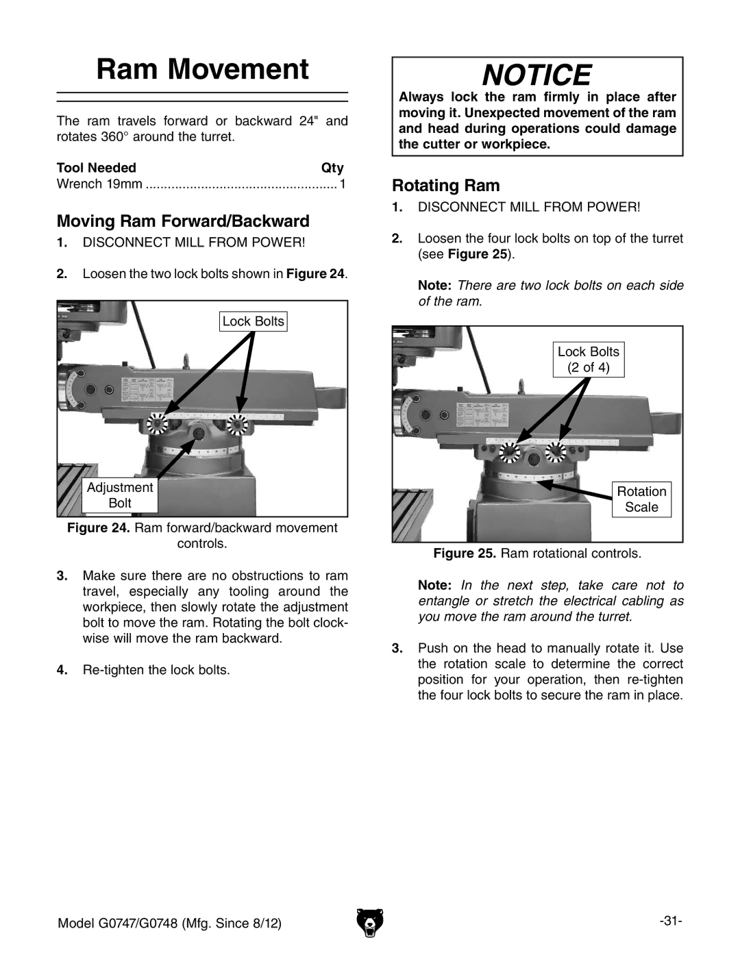 Grizzly G0747 and G0748 owner manual Ram Movement, Moving Ram Forward/Backward, Rotating Ram 