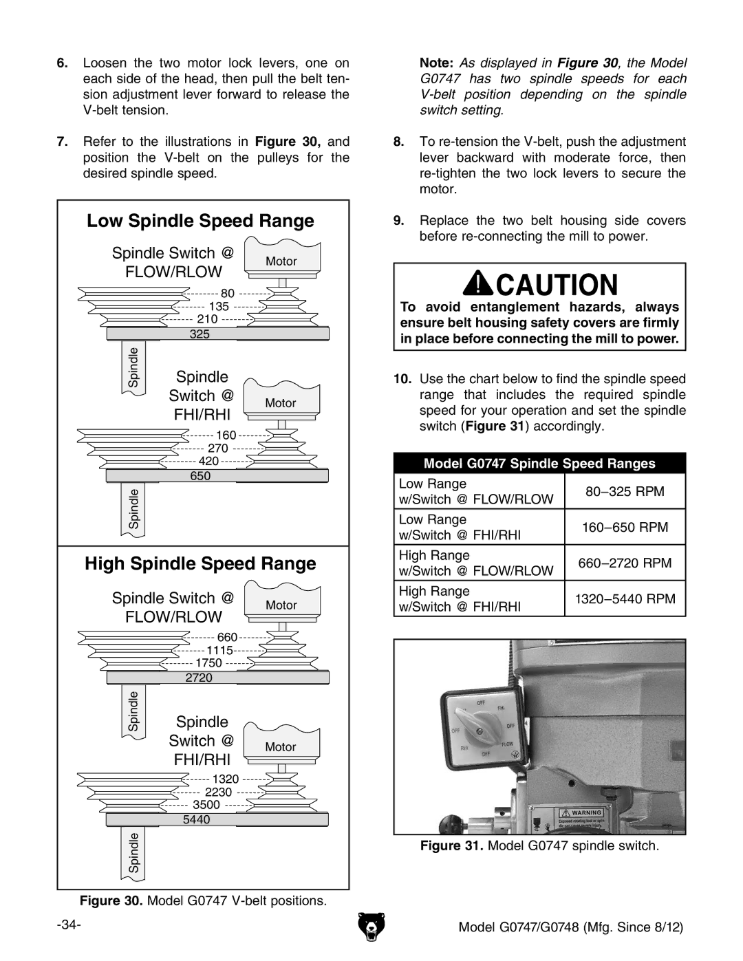 Grizzly G0747 and G0748 owner manual Low Spindle Speed Range 