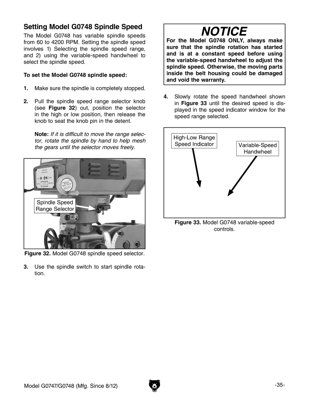 Grizzly G0747 and G0748 owner manual Setting Model G0748 Spindle Speed, To set the Model G0748 spindle speed 