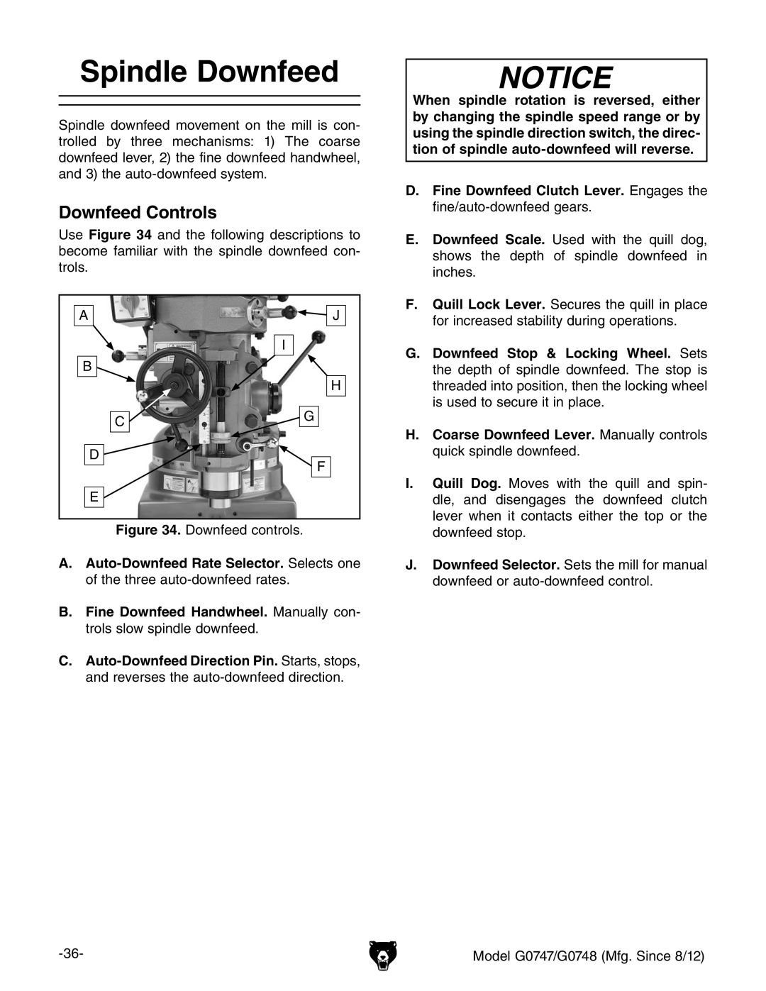 Grizzly G0747 and G0748 owner manual Spindle Downfeed, Downfeed Controls 