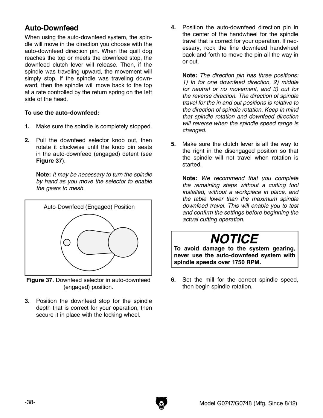 Grizzly G0747 and G0748 owner manual Auto-Downfeed, To use the auto-downfeed 