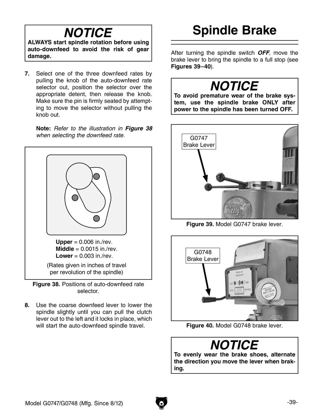 Grizzly G0747 and G0748 owner manual Spindle Brake, Model G0747 brake lever G0748 Brake Lever 