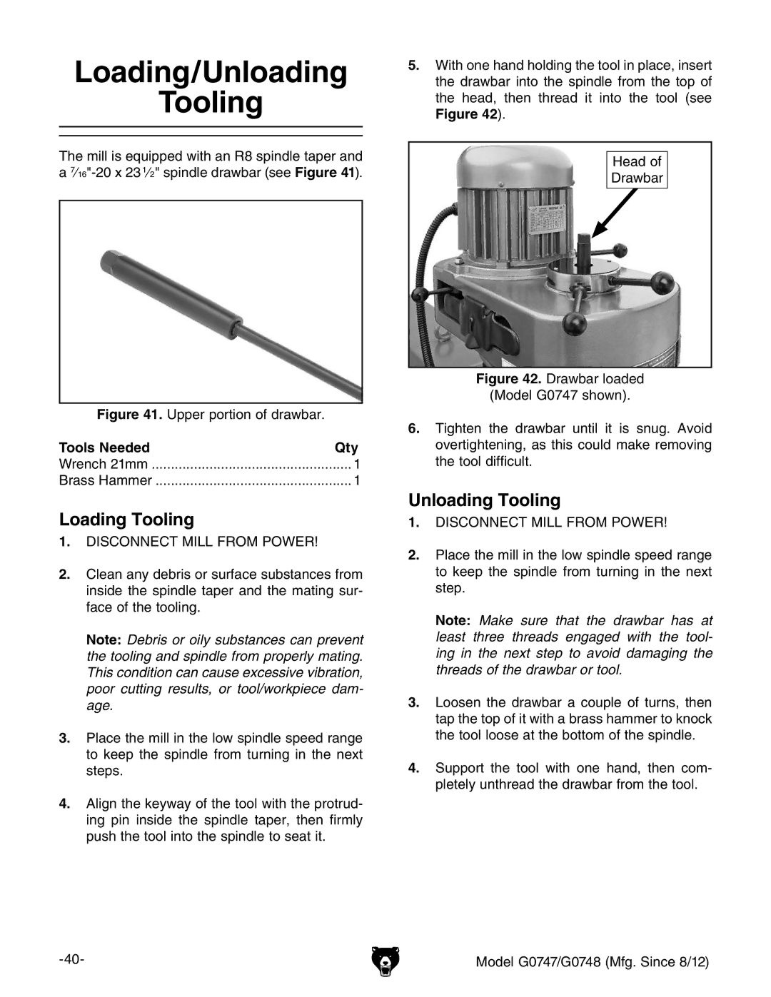 Grizzly G0747 and G0748 owner manual Loading/Unloading Tooling, Loading Tooling, Tools Needed Qty 