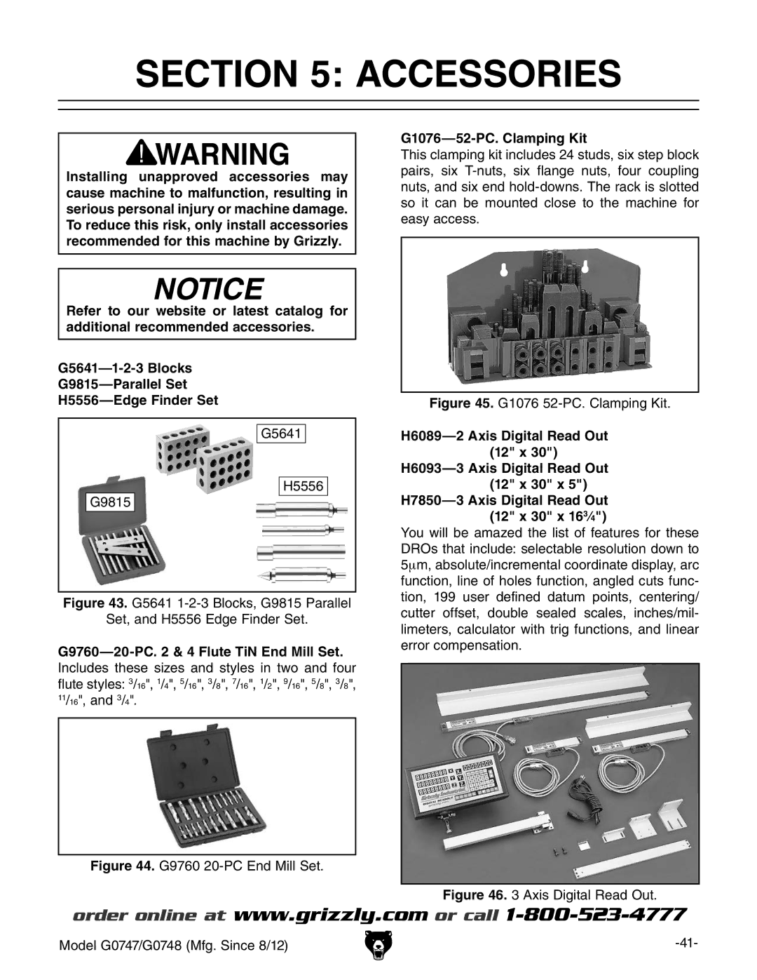 Grizzly G0747 and G0748 owner manual Accessories, G1076-52-PC. Clamping Kit 