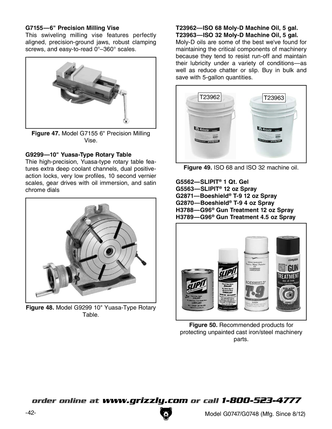 Grizzly G0747 and G0748 owner manual G7155-6 Precision Milling Vise, G9299-10 Yuasa-Type Rotary Table 