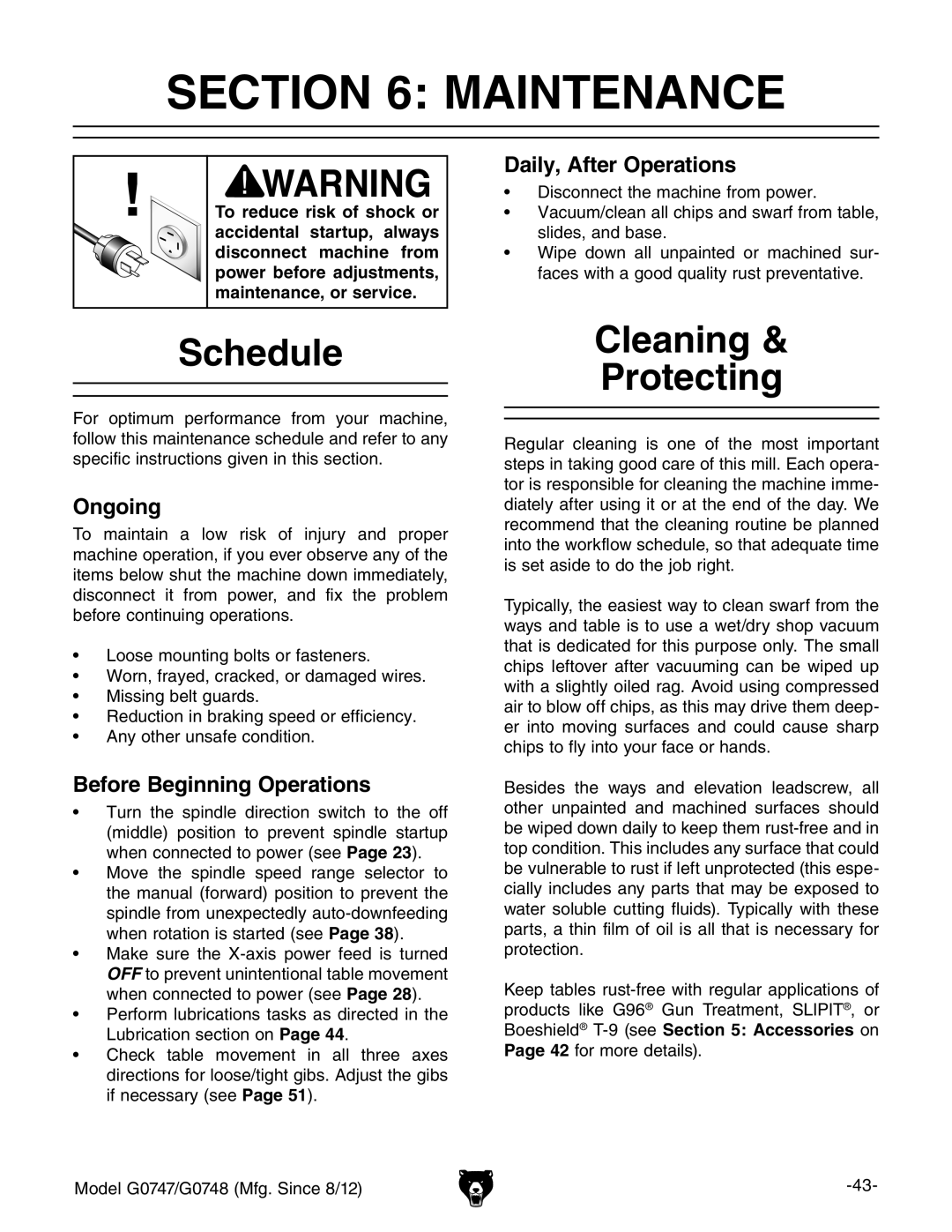 Grizzly G0747 and G0748 owner manual Maintenance, Schedule, Cleaning Protecting 