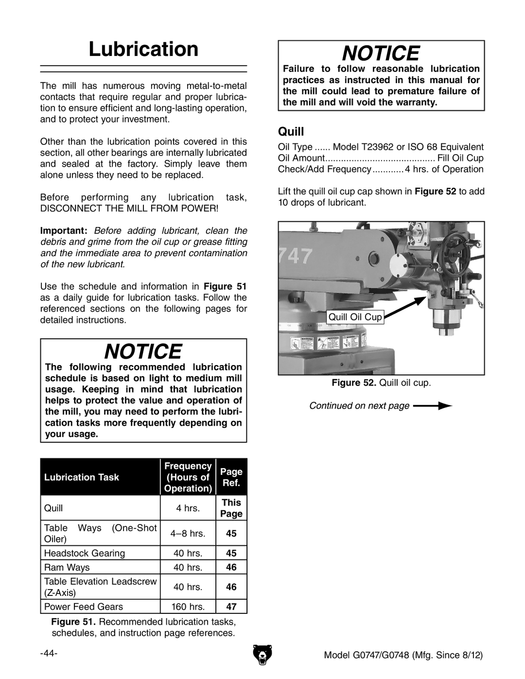 Grizzly G0747 and G0748 owner manual Lubrication, Quill 