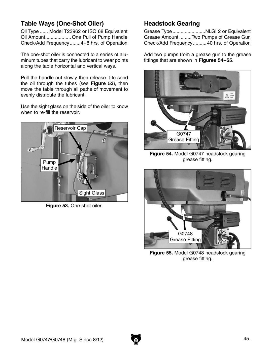 Grizzly G0747 and G0748 owner manual Table Ways One-Shot Oiler, Headstock Gearing 