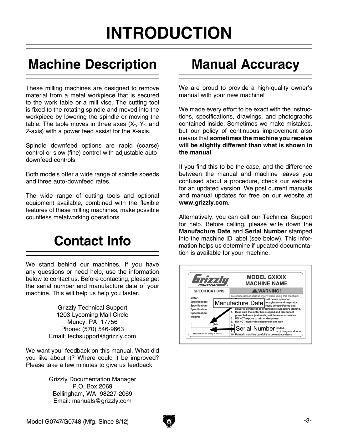 Grizzly G0747 and G0748 owner manual Introduction, Machine Description Manual Accuracy, Contact Info 