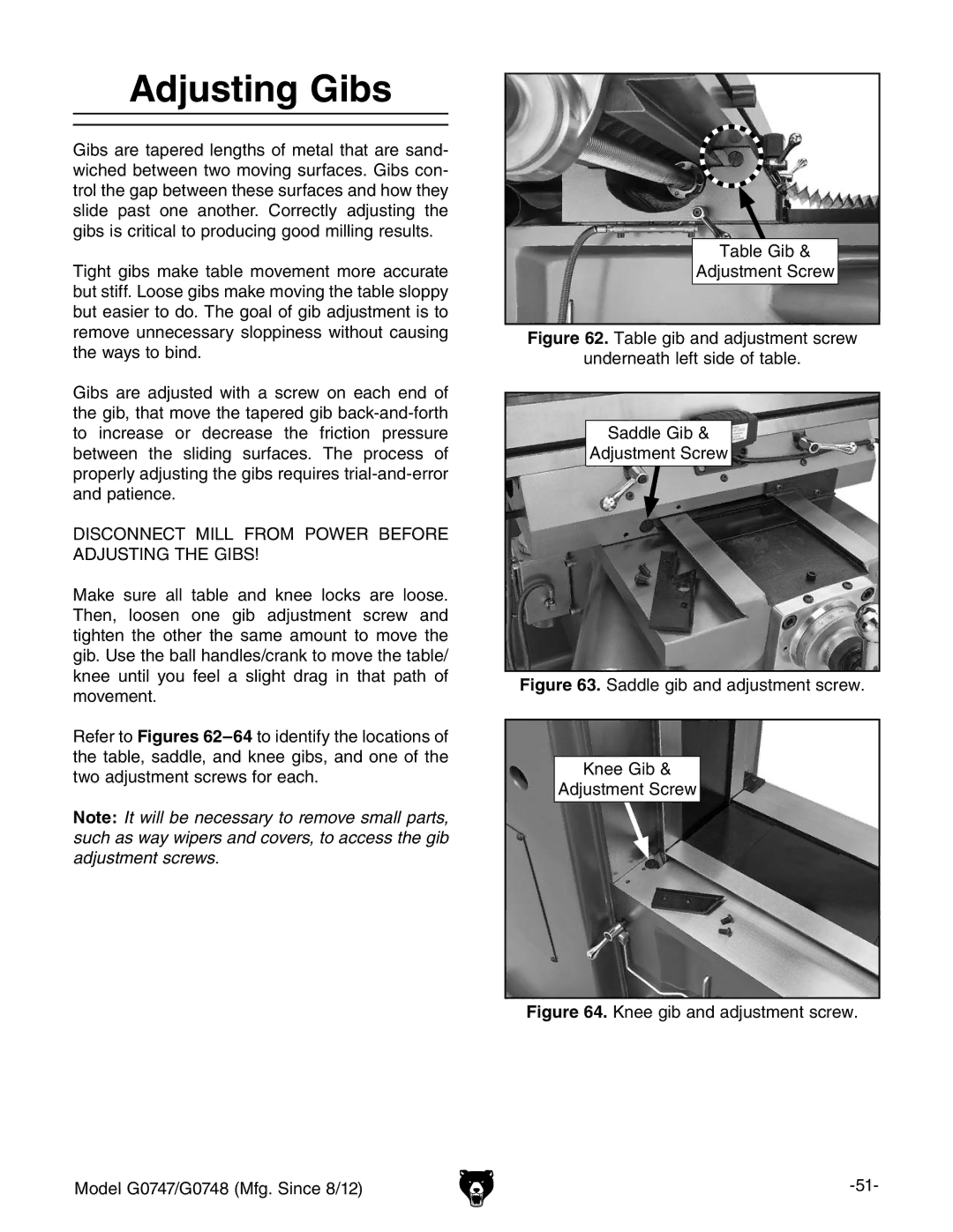 Grizzly G0747 and G0748 owner manual Adjusting Gibs, Saddle gib and adjustment screw Knee Gib Adjustment Screw 