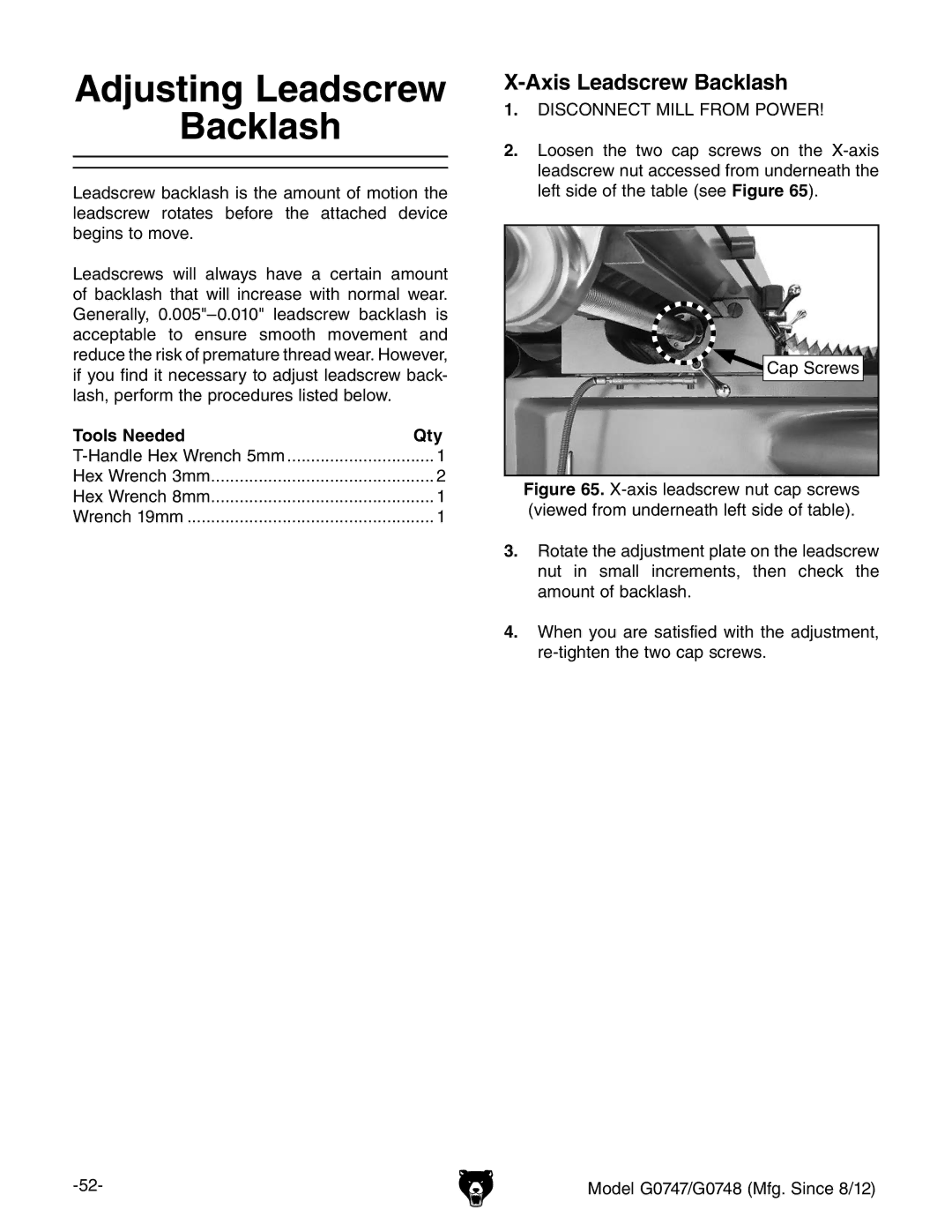 Grizzly G0747 and G0748 owner manual Adjusting Leadscrew Backlash, Axis Leadscrew Backlash 