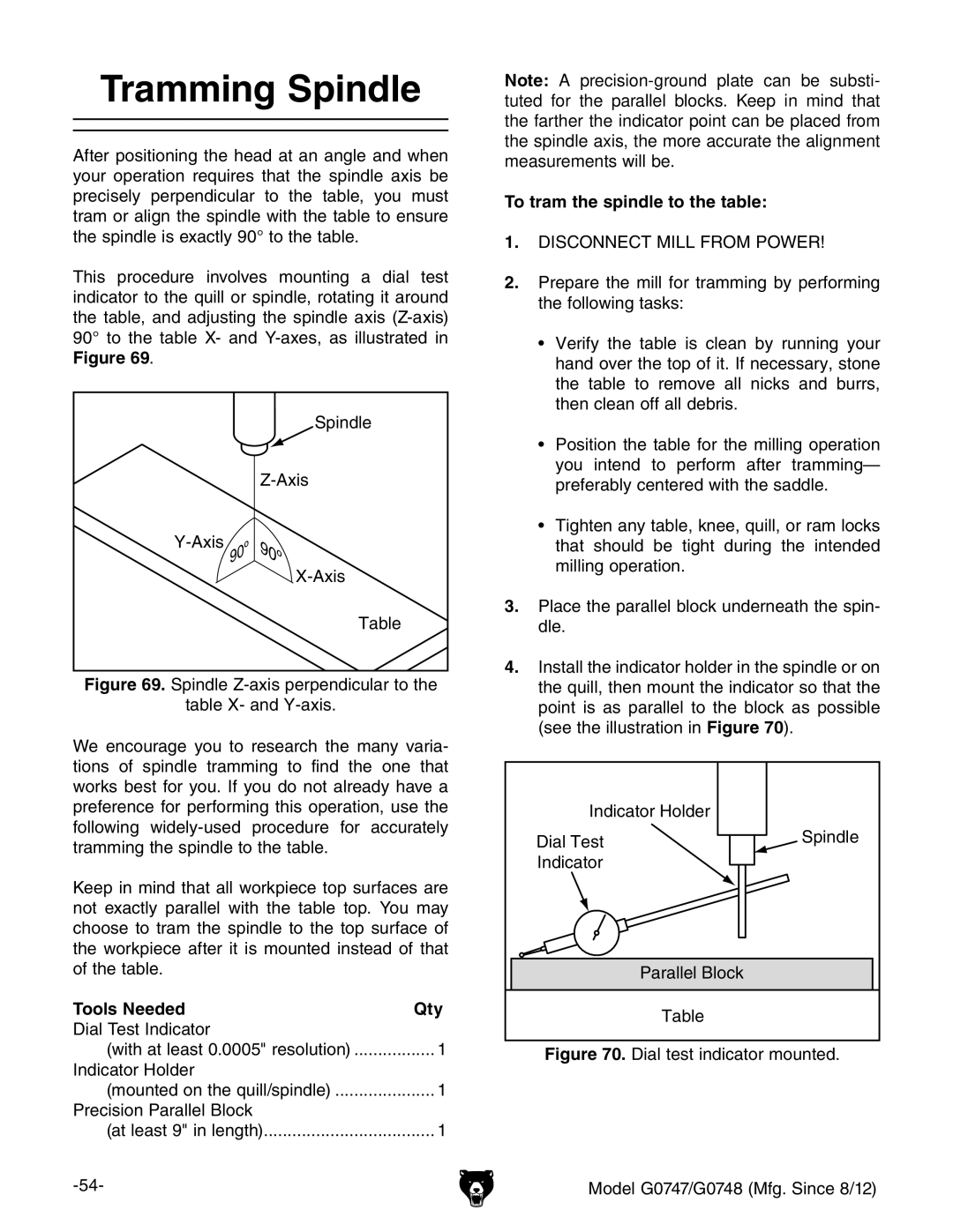 Grizzly G0747 and G0748 owner manual Tramming Spindle, To tram the spindle to the table 