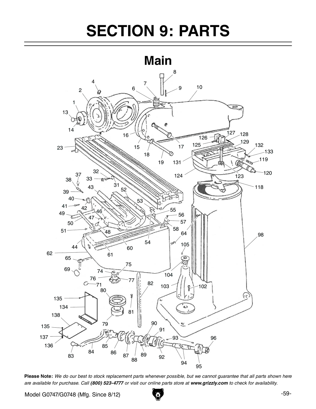 Grizzly G0747 and G0748 owner manual Parts, Main 