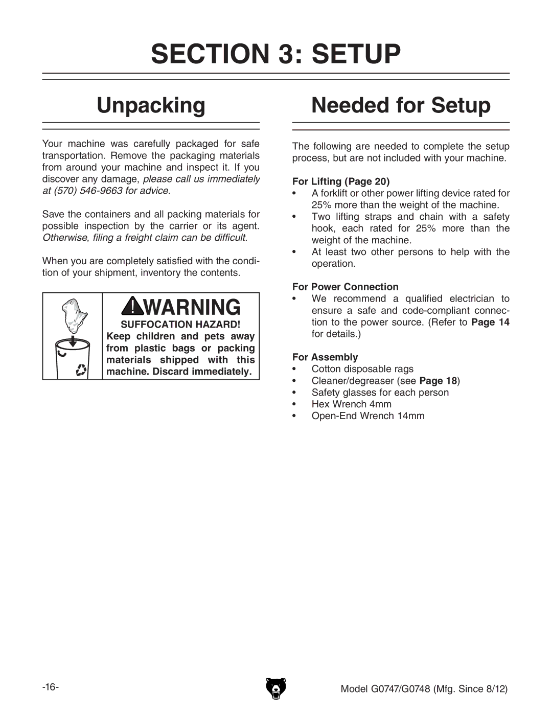 Grizzly g0747, g0748 owner manual Unpacking, Needed for Setup 