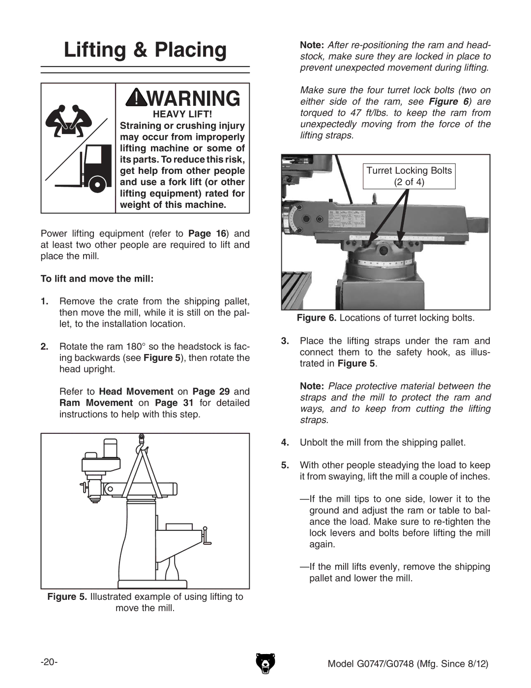 Grizzly g0747, g0748 owner manual Lifting & Placing, HEAVy Lift, To lift and move the mill 