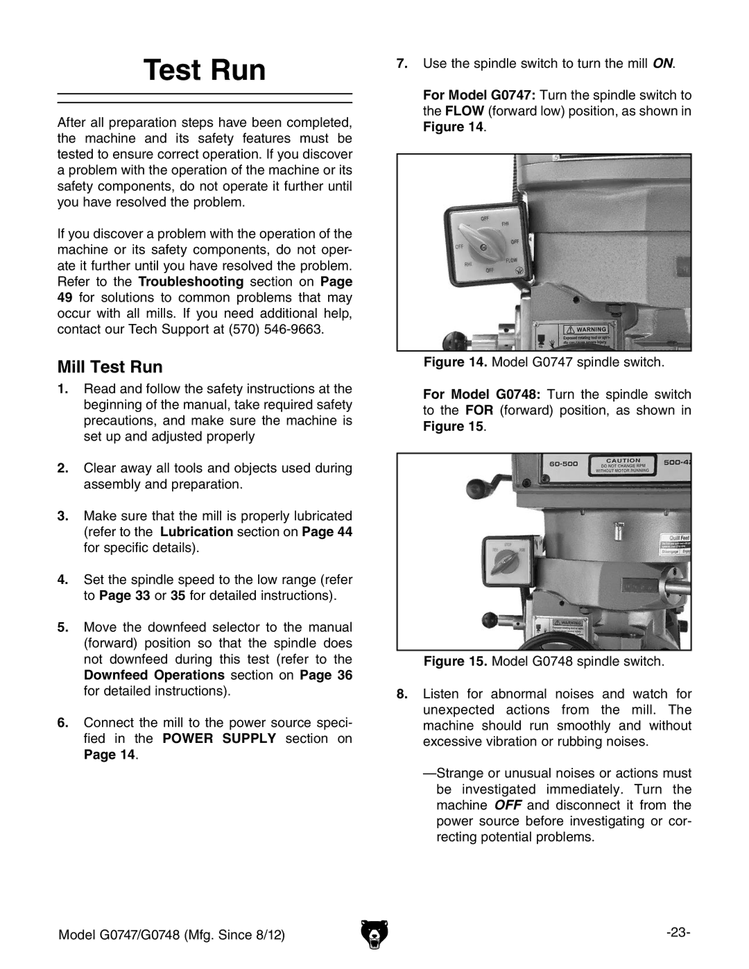 Grizzly g0748, g0747 owner manual Mill Test Run 