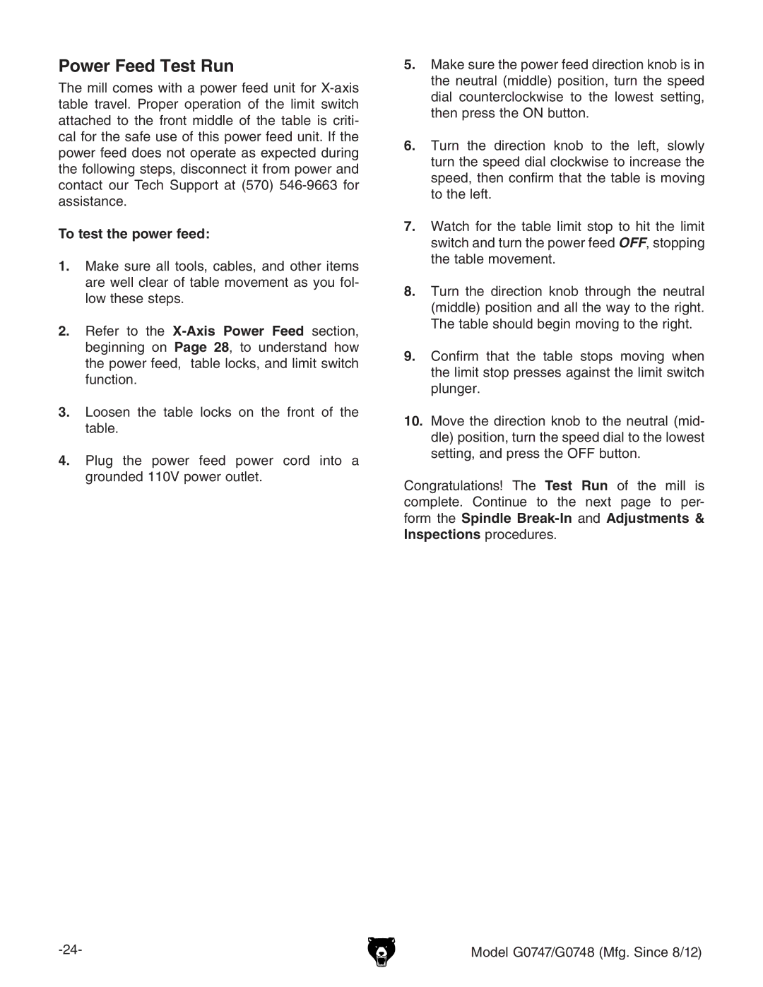 Grizzly g0747, g0748 owner manual Power Feed Test Run, To test the power feed 
