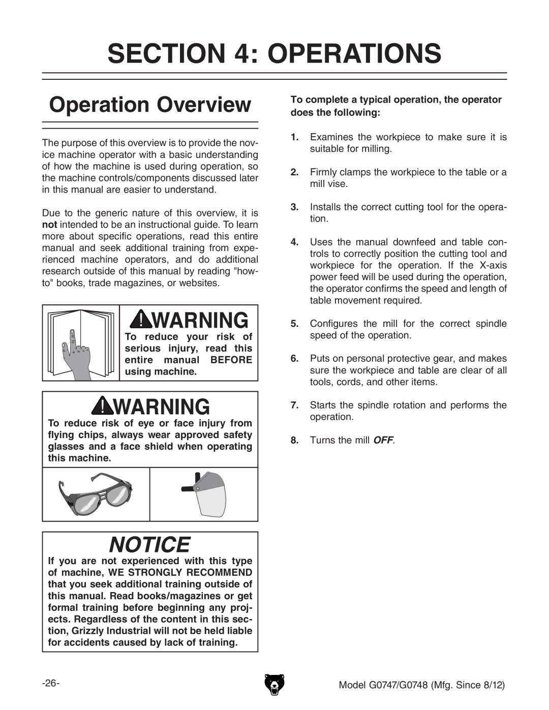 Grizzly g0747, g0748 owner manual Operations, Operation Overview 