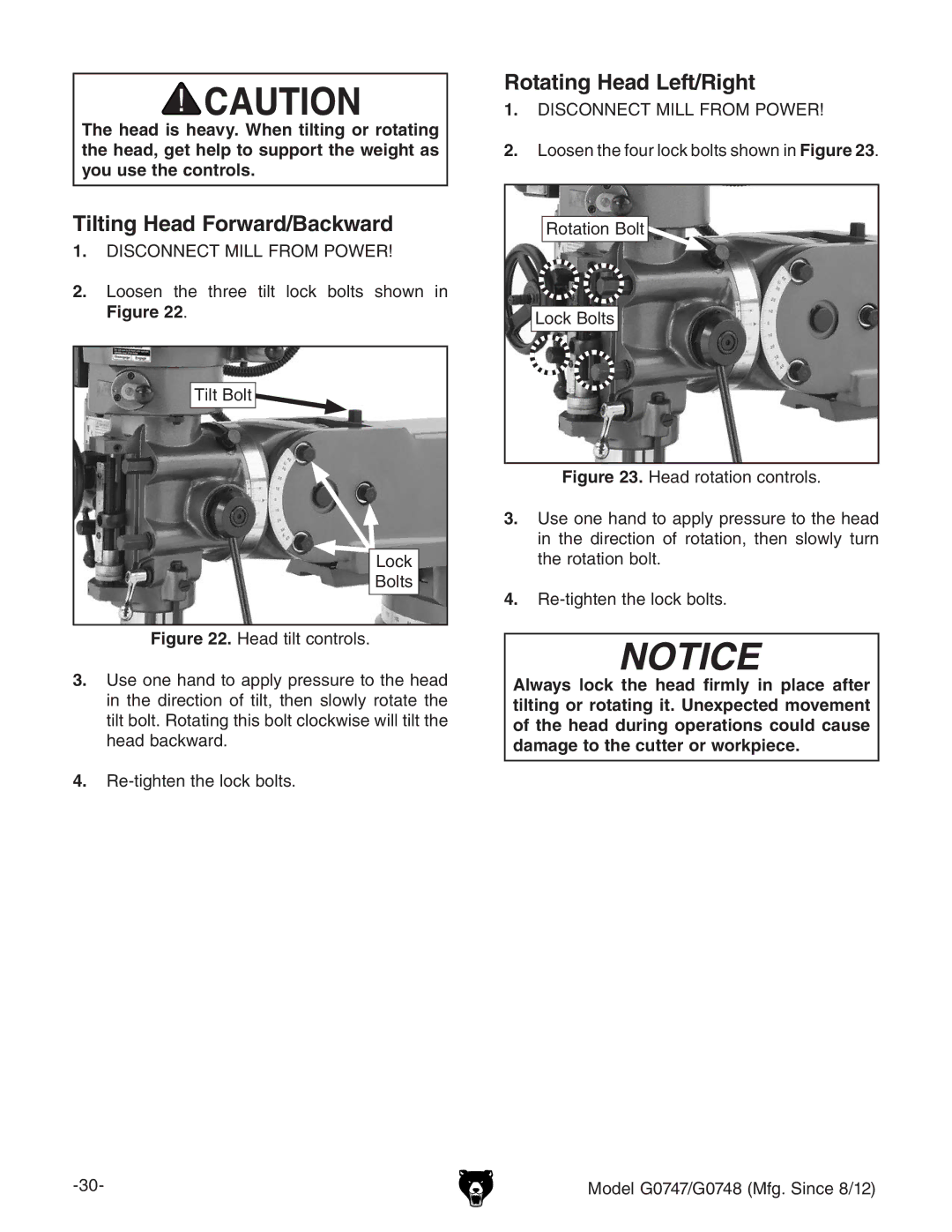 Grizzly g0747, g0748 owner manual Tilting Head Forward/Backward, Rotating Head Left/Right 