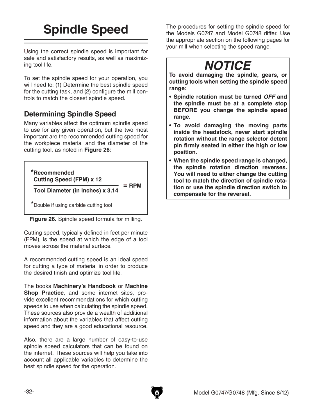 Grizzly g0747, g0748 owner manual Determining Spindle Speed, Recommended Cutting Speed FPM x, Tool Diameter in inches x 
